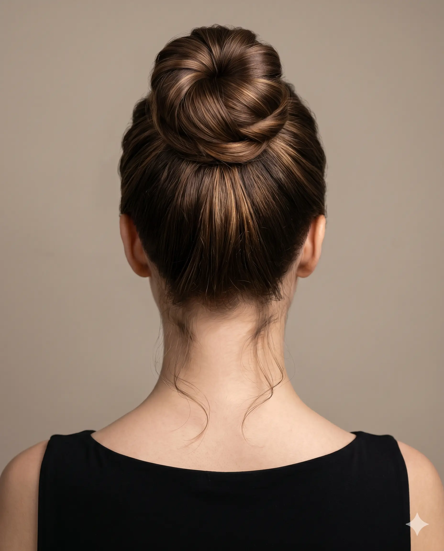 Klassische elegante Hochsteckfrisur für den Abiball – sleeker Dutt am Oberkopf mit fallenden Strähnen, festliches Styling in Hamburg