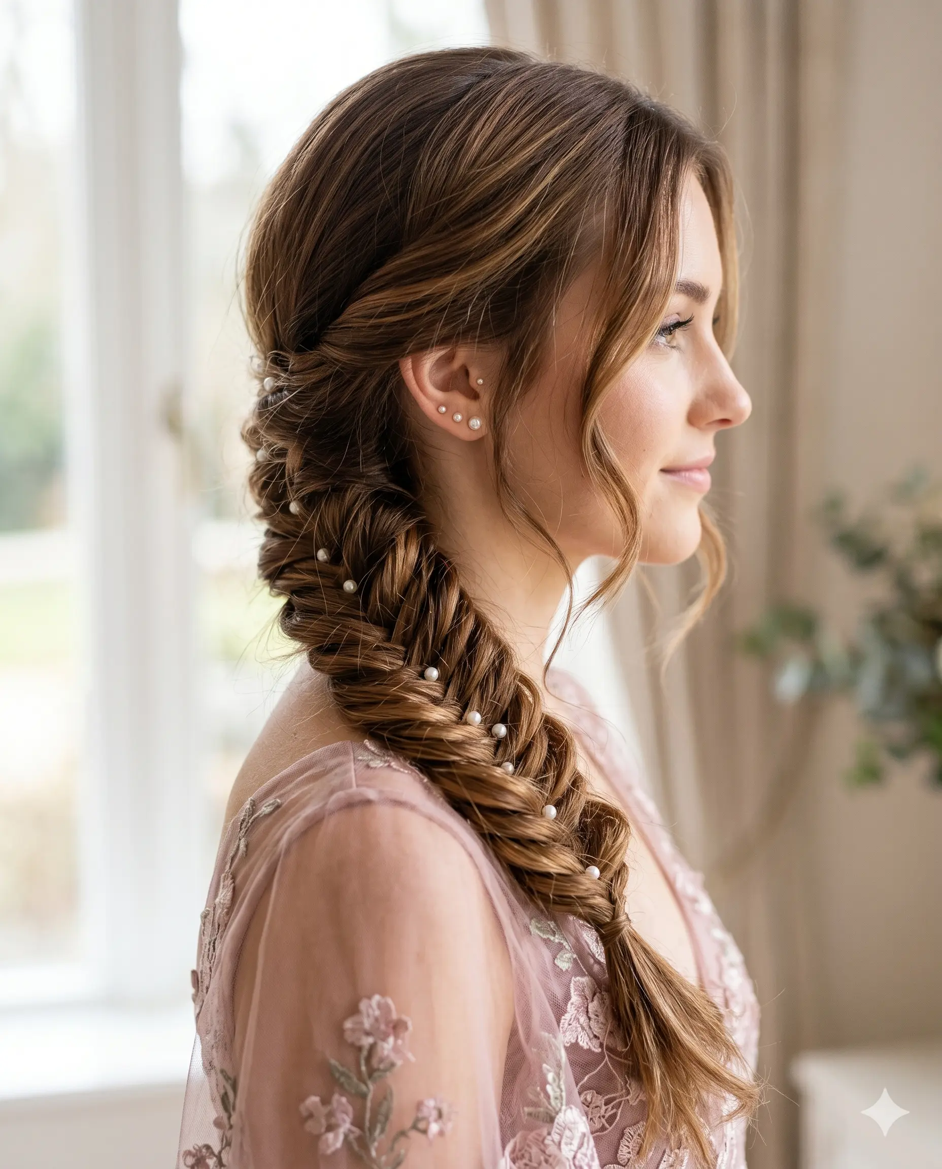 Seitlicher Fischgrätenzopf als Abiball-Frisur – romantische Flechtfrisur mit Perlenpins für den Abschlussball