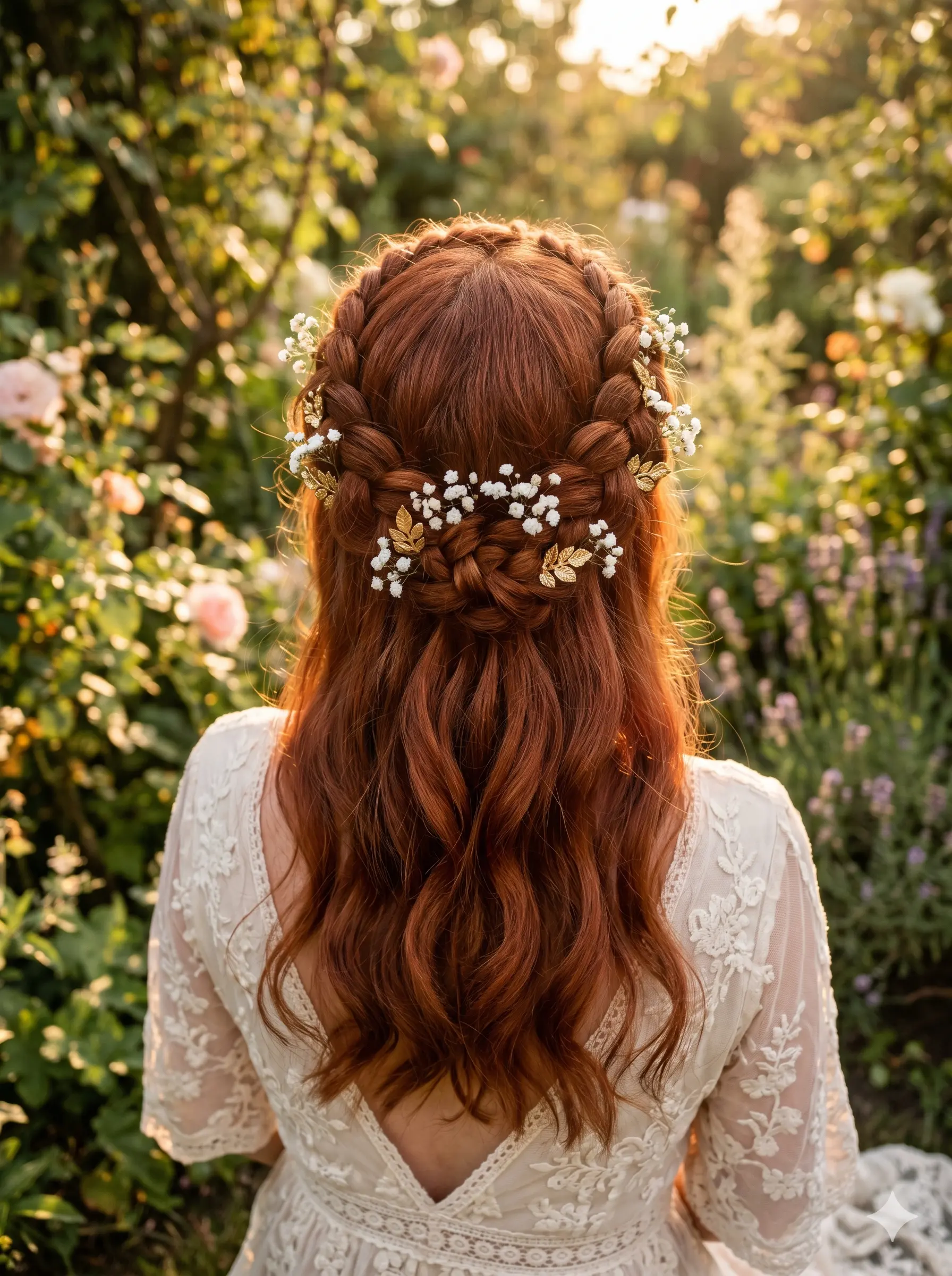 Geflochtener Haarkranz als Abiball-Frisur mit Blüten – romantische Flechtfrisur im Boho-Stil für festliche Anlässe