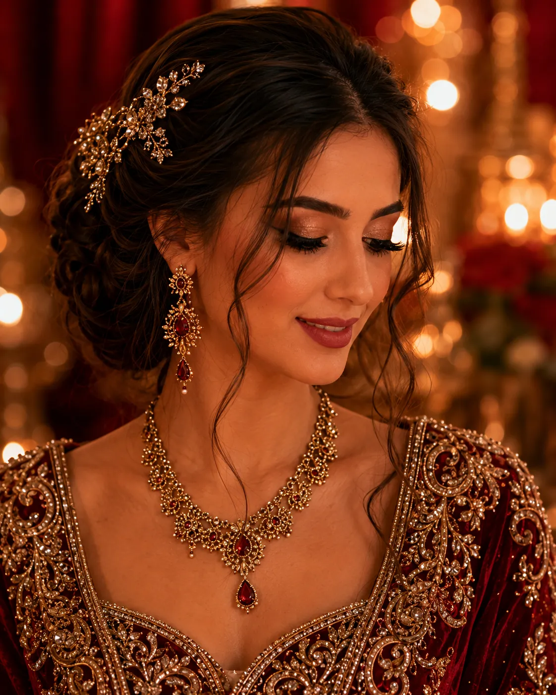 Orientalisches Henna-Abend-Make-up und Hochsteckfrisur mit Goldschmuck – Brautstyling Hamburg