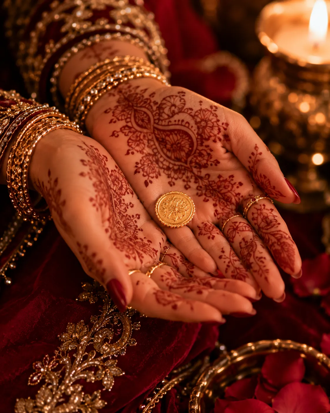 Mit Henna kunstvoll bemalte Hände der Braut mit Goldstück in der Handfläche