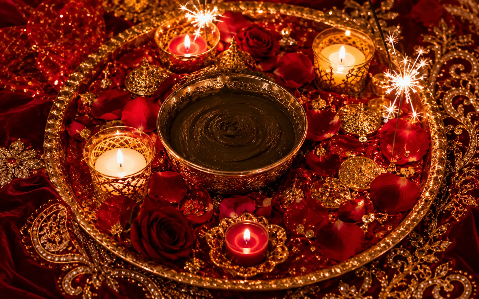 Festlich geschmücktes Henna-Tablett mit Kerzen und Henna-Paste bei der Zeremonie