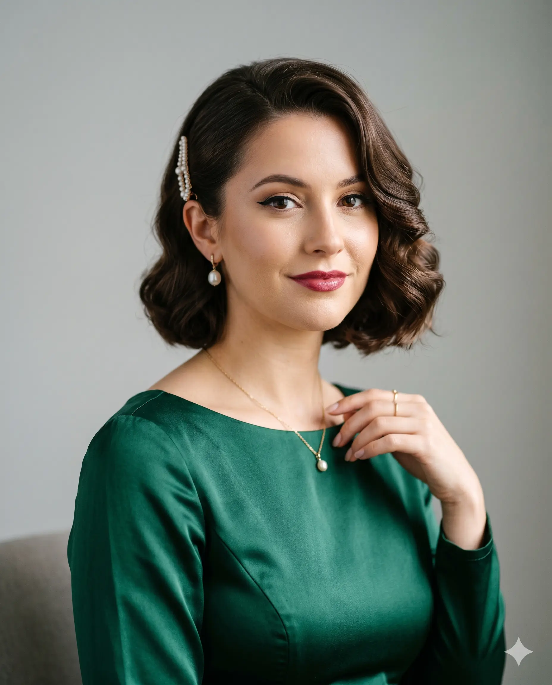 Elegantes Abiball-Styling für kurze Haare – Bob mit Wellen und Perlen-Haarspange, festlicher Look von Farah Beauty Hamburg