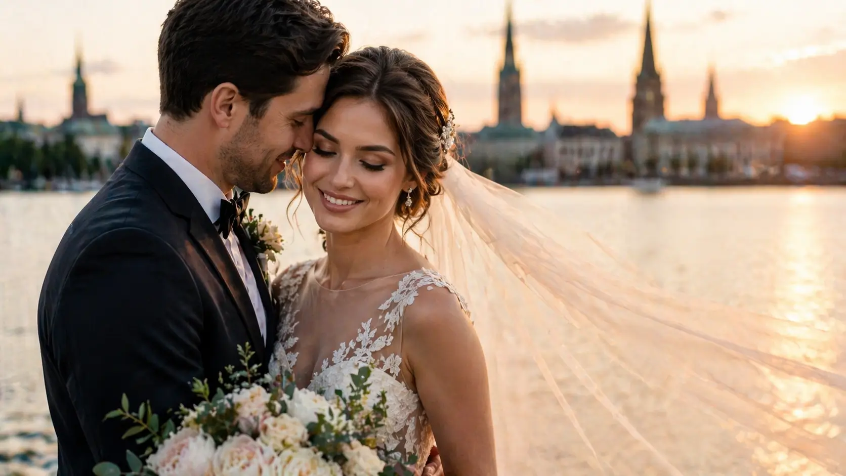 Perfektes Brautstyling Hamburg — Braut am Hochzeitstag mit Make-up und Frisur von Farah Beauty