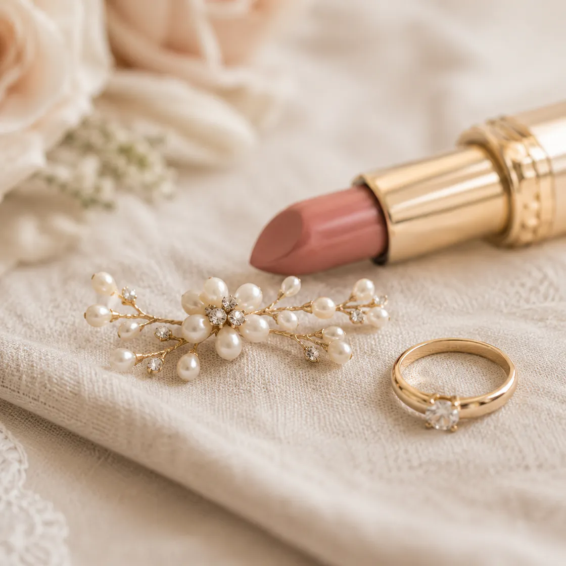Brautschmuck-Detail: Haarschmuck, Lippenstift und Ehering für die standesamtliche Trauung