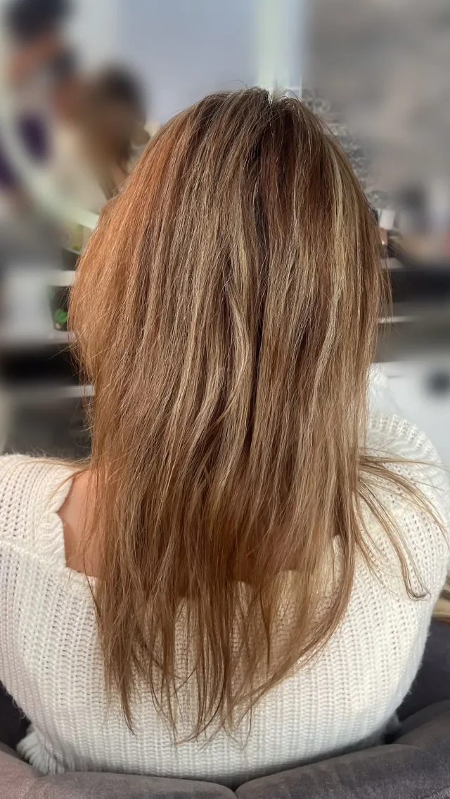 Natürliche wellige Balayage-Haare in Braun mit leichter Textur, Rückansicht, mobiles Styling in Hamburg