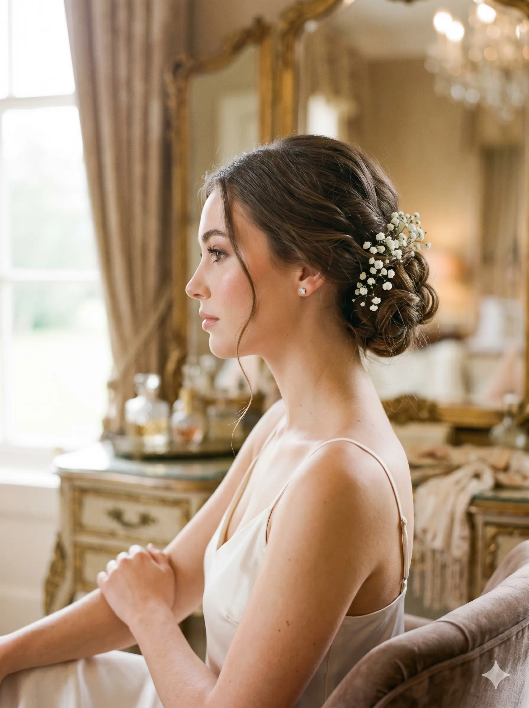 Romantischer tiefer Chignon im Nacken mit seitlicher Strähne – elegante Dutt-Frisur für den Abschlussball, gestylt von Farah Beauty Hamburg
